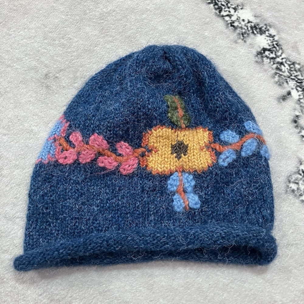 Peruvian Trading Co Blue Knit Beanie Hat Floral Apple Embroidered